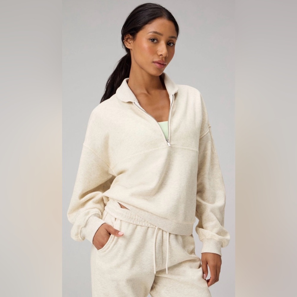 Fabletics Cozy Fleece Relaxed Half-Zip Pullover | L | Ivory Bone Heather | NWT - Picture 2 of 9